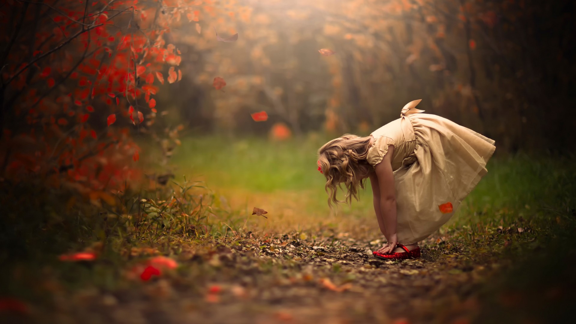 little girl forest blonde fall depth of field jake olson red shoes Wallpaper